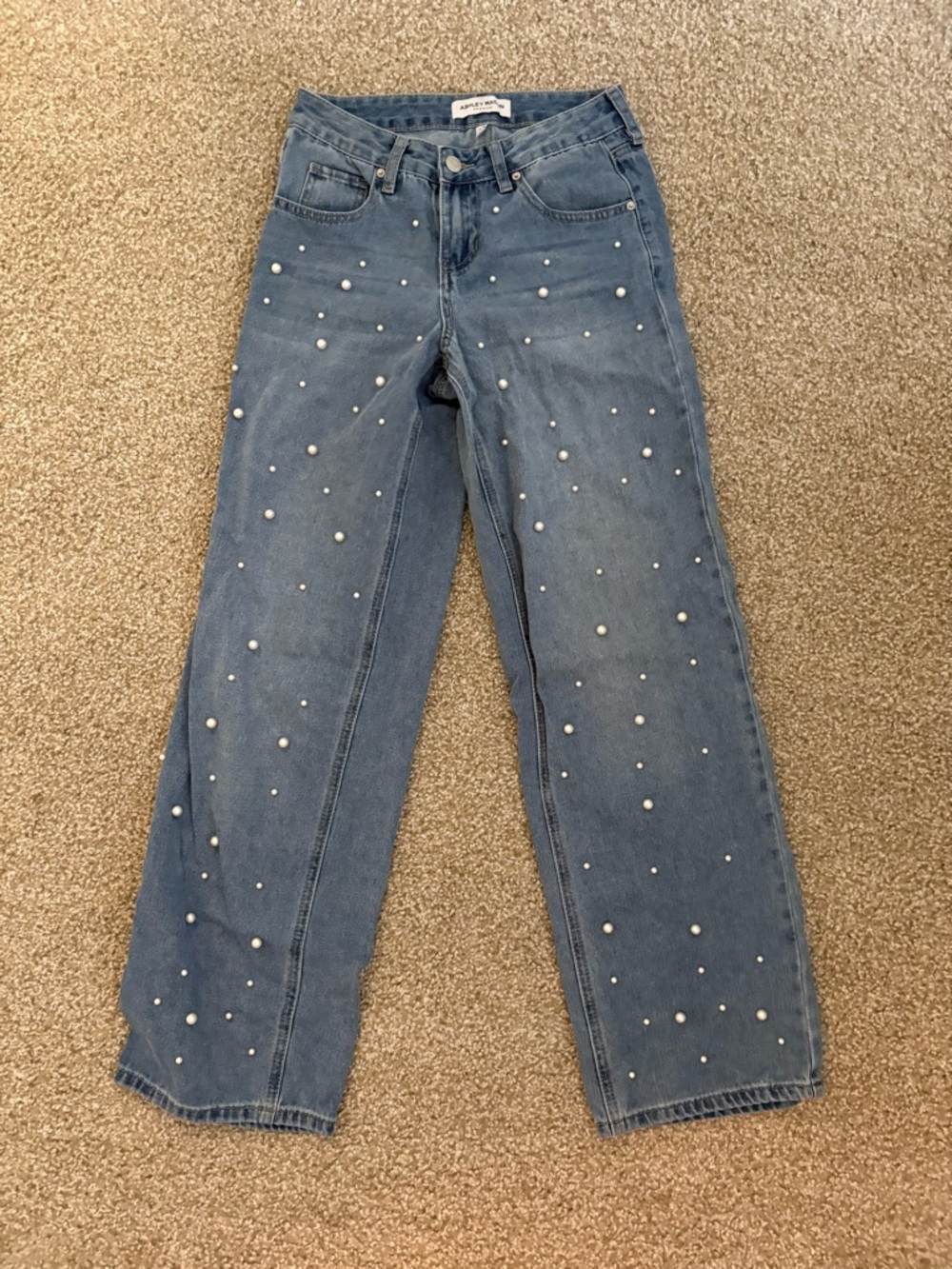 Ashley Mason Blue Straight-Leg Jeans with Pearl Accents - Women